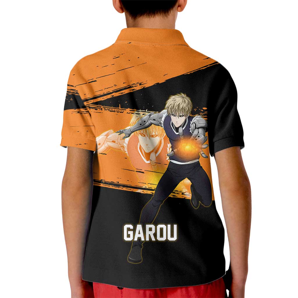 Genos One Punch Man Anime Orange and Black Theme Kid Polo Shirt with Cyborg Arm Blast and Intense Action Pose - The Mazicc