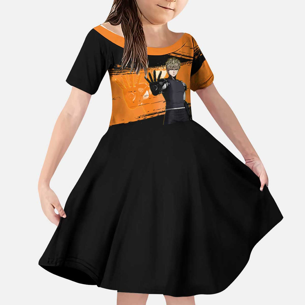 Genos One Punch Man Anime Orange and Black Theme Kid Short Sleeve Dress with Cyborg Arm Blast and Intense Action Pose - The Mazicc