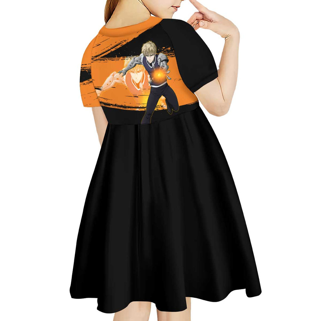 Genos One Punch Man Anime Orange and Black Theme Kid Short Sleeve Dress with Cyborg Arm Blast and Intense Action Pose - The Mazicc