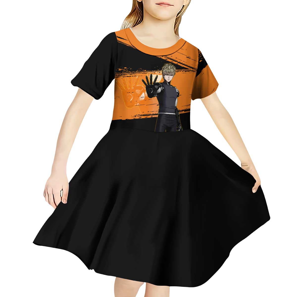 Genos One Punch Man Anime Orange and Black Theme Kid Short Sleeve Dress with Cyborg Arm Blast and Intense Action Pose - The Mazicc