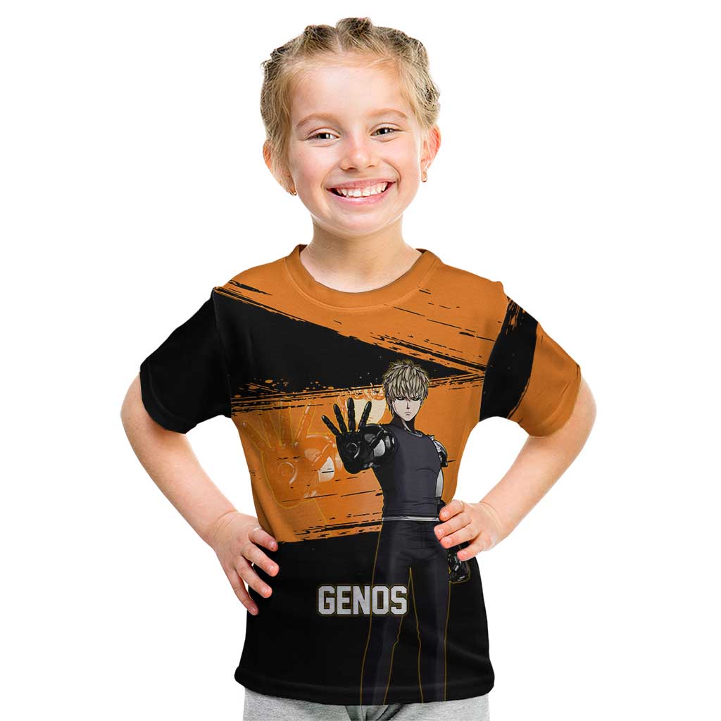 Genos One Punch Man Anime Orange and Black Theme Kid T Shirt with Cyborg Arm Blast and Intense Action Pose - The Mazicc