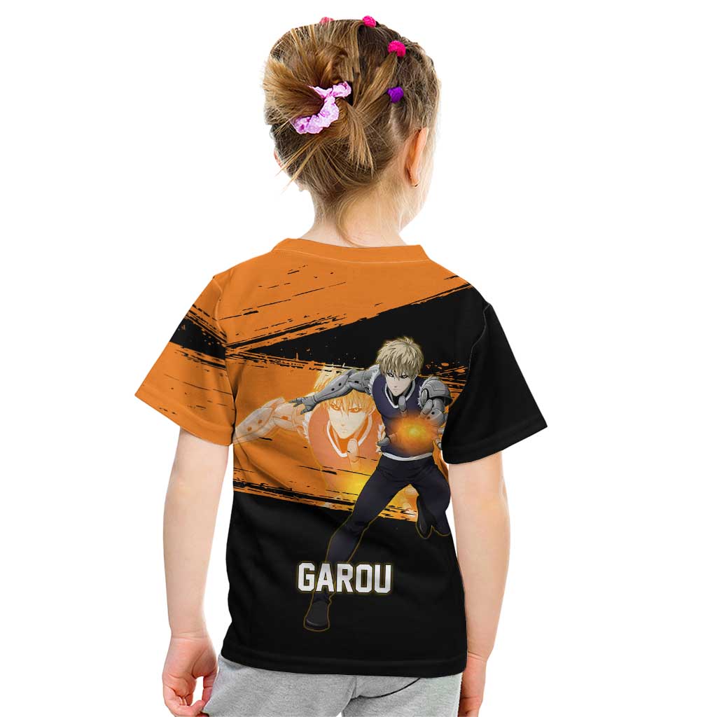 Genos One Punch Man Anime Orange and Black Theme Kid T Shirt with Cyborg Arm Blast and Intense Action Pose - The Mazicc
