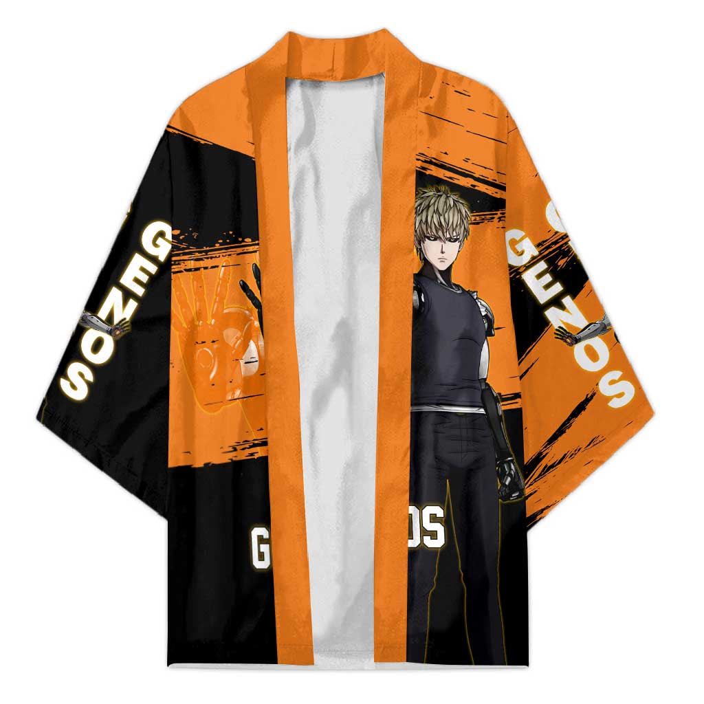 Genos One Punch Man Anime Orange and Black Theme Kimono with Cyborg Arm Blast and Intense Action Pose - The Mazicc