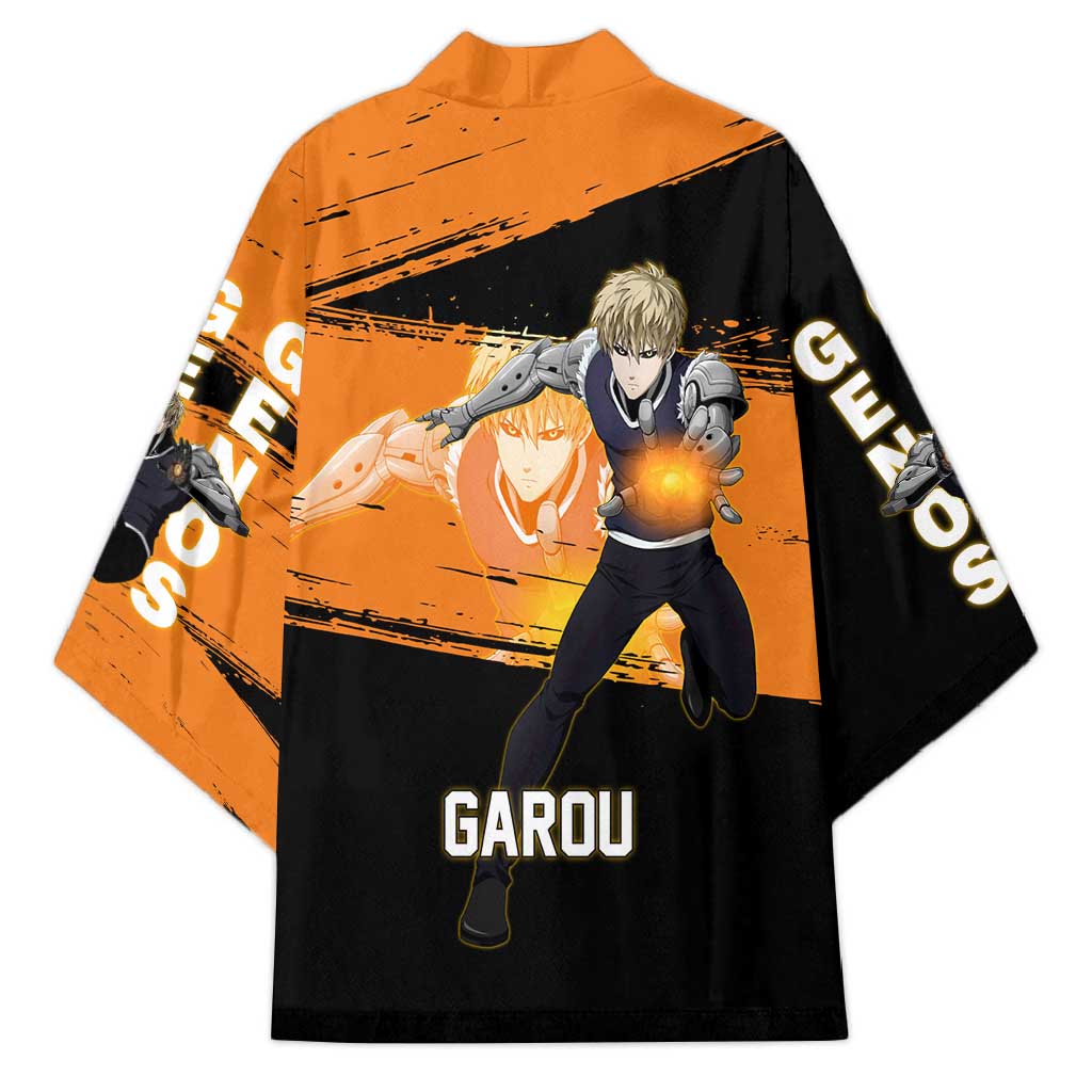 Genos One Punch Man Anime Orange and Black Theme Kimono with Cyborg Arm Blast and Intense Action Pose - The Mazicc