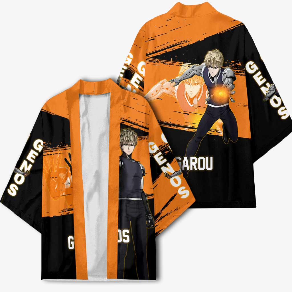 Genos One Punch Man Anime Orange and Black Theme Kimono with Cyborg Arm Blast and Intense Action Pose - The Mazicc