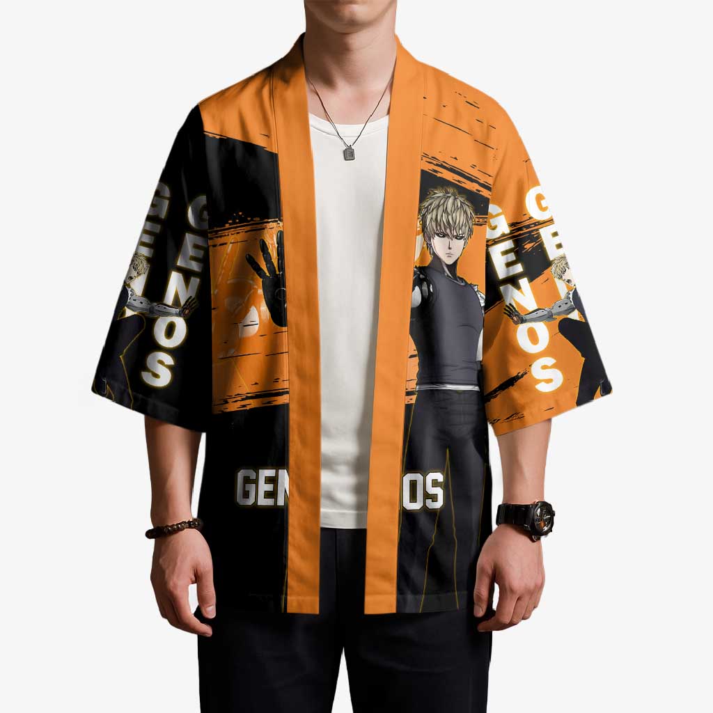 Genos One Punch Man Anime Orange and Black Theme Kimono with Cyborg Arm Blast and Intense Action Pose - The Mazicc