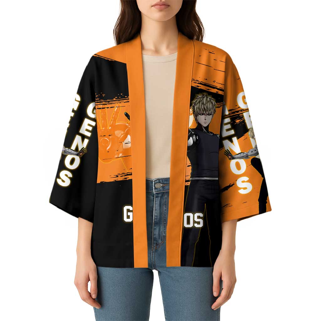 Genos One Punch Man Anime Orange and Black Theme Kimono with Cyborg Arm Blast and Intense Action Pose - The Mazicc