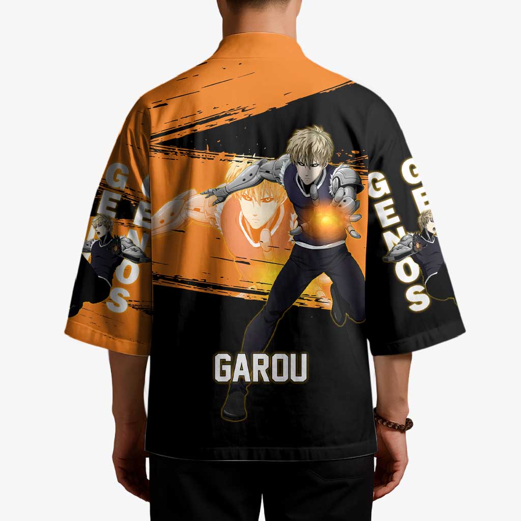 Genos One Punch Man Anime Orange and Black Theme Kimono with Cyborg Arm Blast and Intense Action Pose - The Mazicc