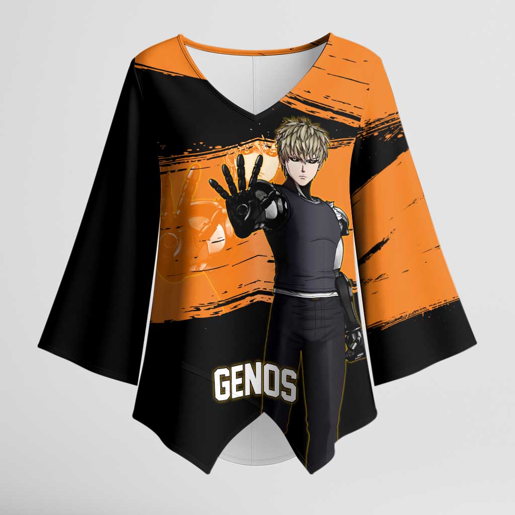 Genos One Punch Man Anime Orange and Black Theme Kimono Sleeve Blouse with Cyborg Arm Blast and Intense Action Pose - The Mazicc