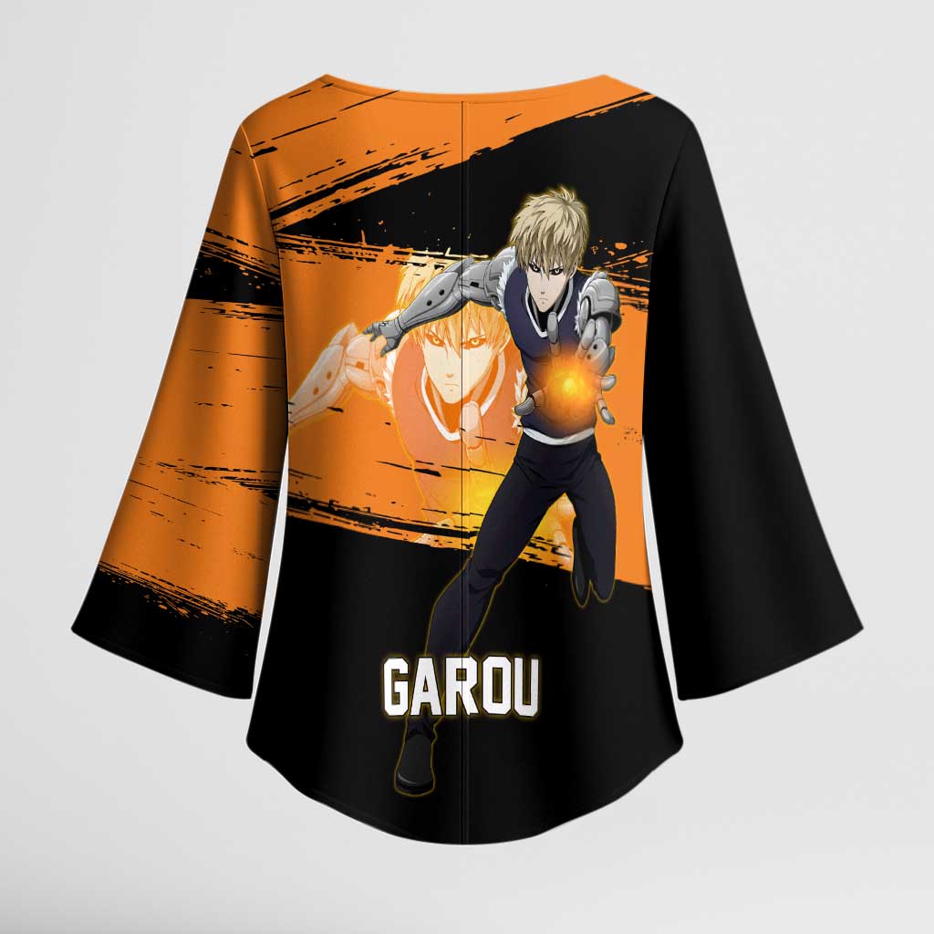 Genos One Punch Man Anime Orange and Black Theme Kimono Sleeve Blouse with Cyborg Arm Blast and Intense Action Pose - The Mazicc