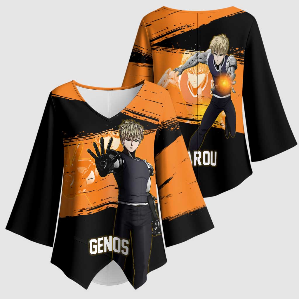 Genos One Punch Man Anime Orange and Black Theme Kimono Sleeve Blouse with Cyborg Arm Blast and Intense Action Pose - The Mazicc