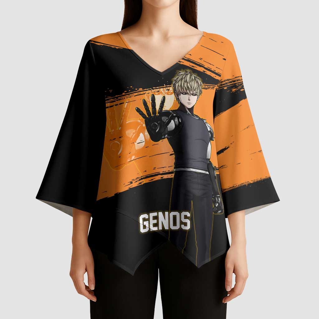 Genos One Punch Man Anime Orange and Black Theme Kimono Sleeve Blouse with Cyborg Arm Blast and Intense Action Pose - The Mazicc