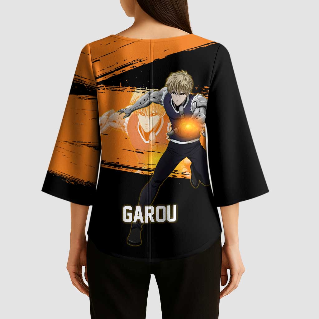 Genos One Punch Man Anime Orange and Black Theme Kimono Sleeve Blouse with Cyborg Arm Blast and Intense Action Pose - The Mazicc