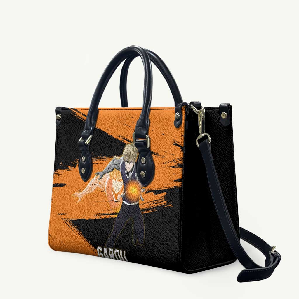 Genos One Punch Man Anime Orange and Black Theme Leather Bag with Cyborg Arm Blast and Intense Action Pose - The Mazicc