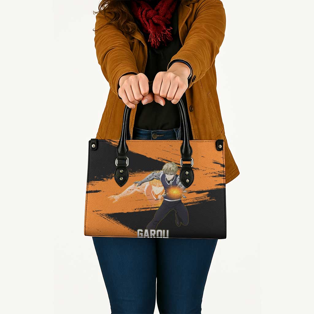 Genos One Punch Man Anime Orange and Black Theme Leather Bag with Cyborg Arm Blast and Intense Action Pose - The Mazicc