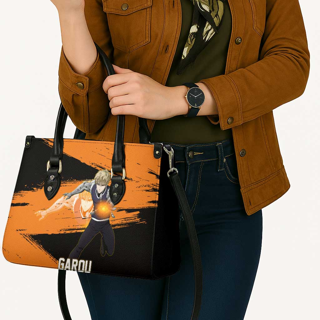 Genos One Punch Man Anime Orange and Black Theme Leather Bag with Cyborg Arm Blast and Intense Action Pose - The Mazicc
