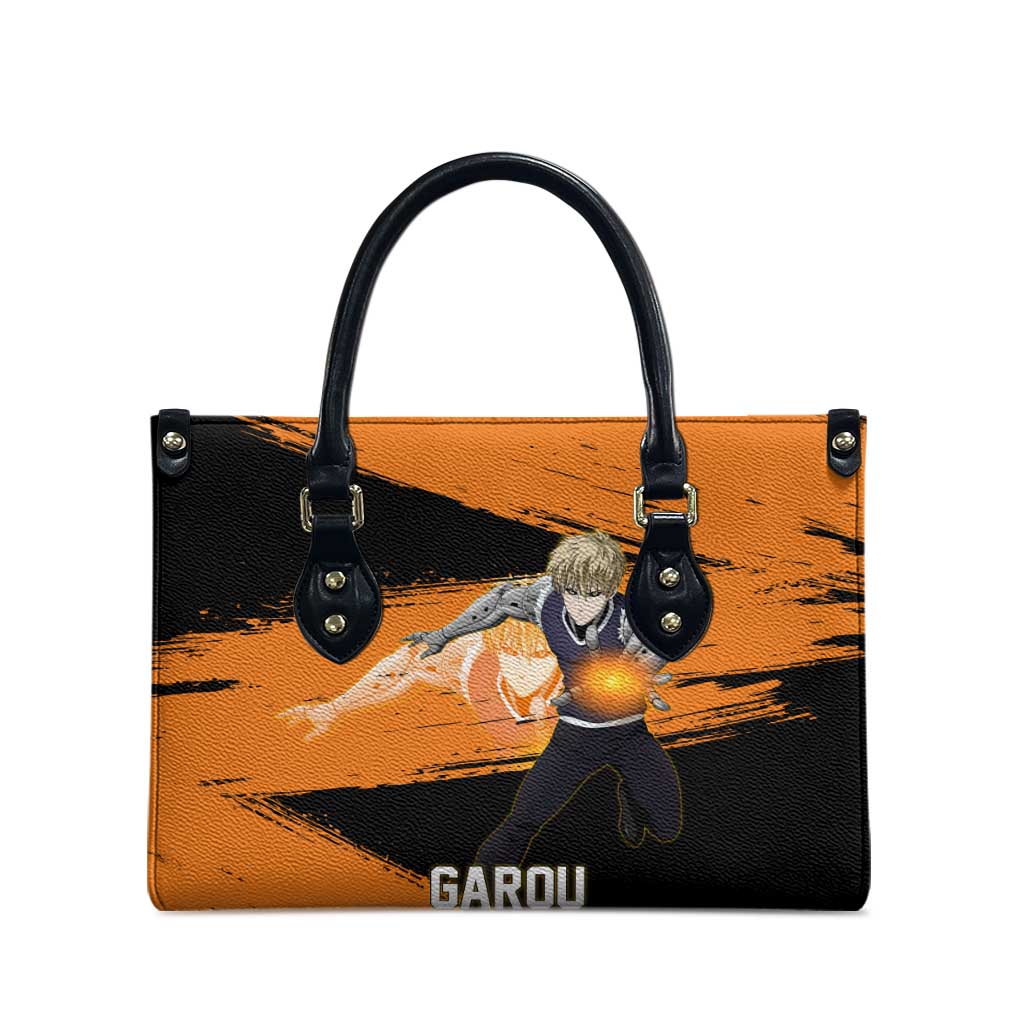 Genos One Punch Man Anime Orange and Black Theme Leather Bag with Cyborg Arm Blast and Intense Action Pose - The Mazicc
