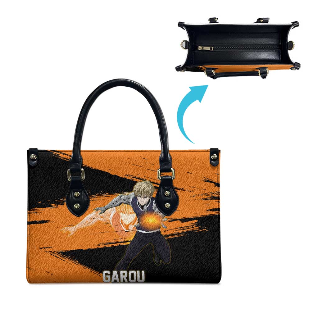 Genos One Punch Man Anime Orange and Black Theme Leather Bag with Cyborg Arm Blast and Intense Action Pose - The Mazicc