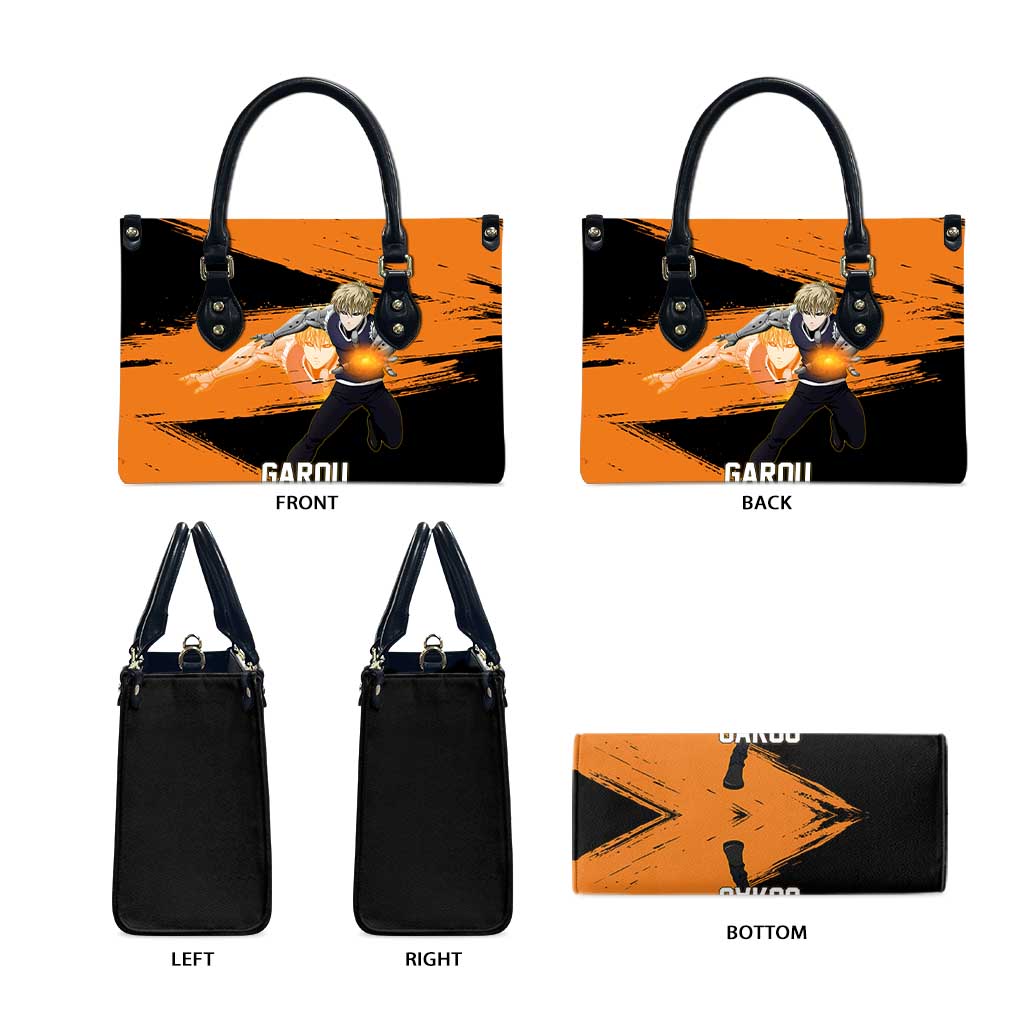 Genos One Punch Man Anime Orange and Black Theme Leather Bag with Cyborg Arm Blast and Intense Action Pose - The Mazicc