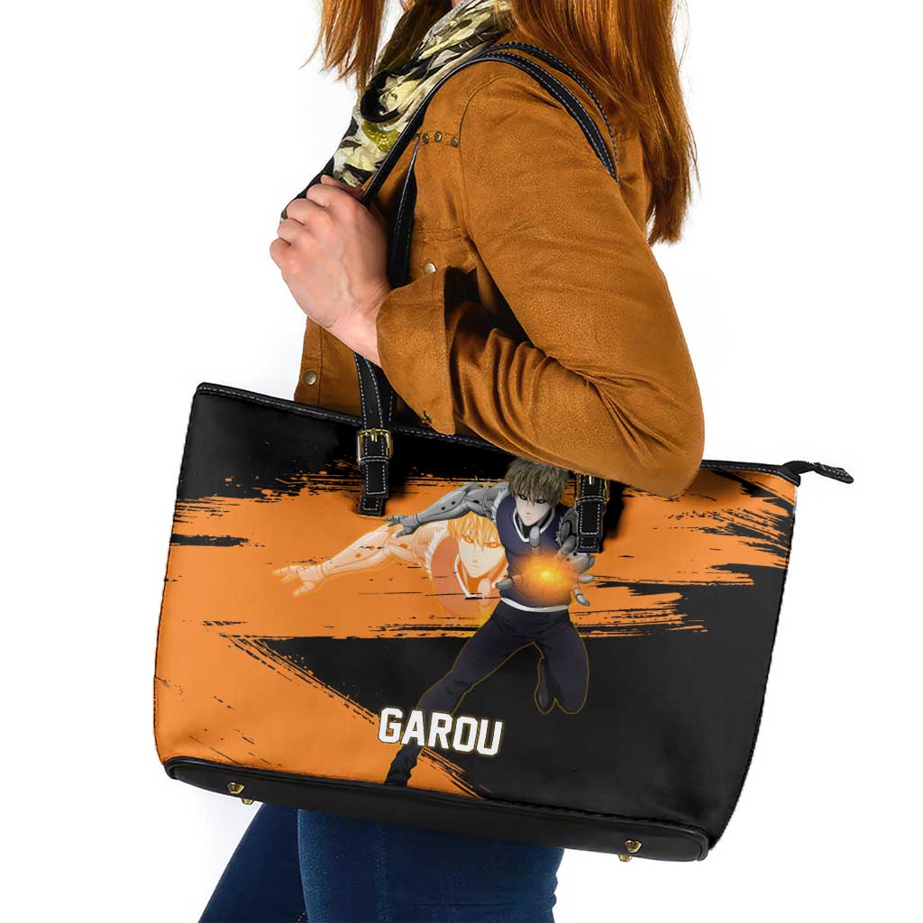 Genos One Punch Man Anime Orange and Black Theme Leather Tote Bag with Cyborg Arm Blast and Intense Action Pose - The Mazicc
