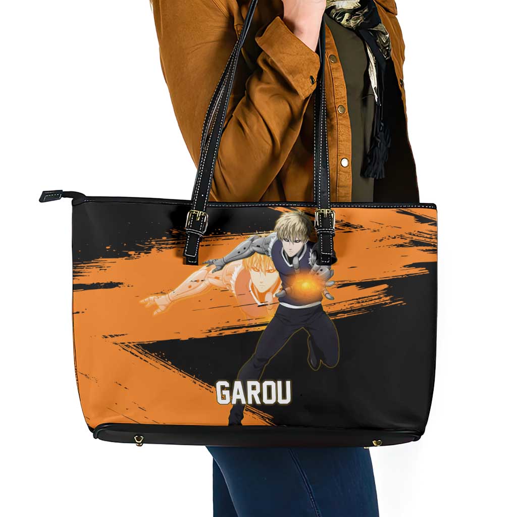 Genos One Punch Man Anime Orange and Black Theme Leather Tote Bag with Cyborg Arm Blast and Intense Action Pose - The Mazicc