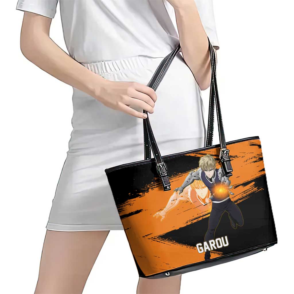 Genos One Punch Man Anime Orange and Black Theme Leather Tote Bag with Cyborg Arm Blast and Intense Action Pose - The Mazicc