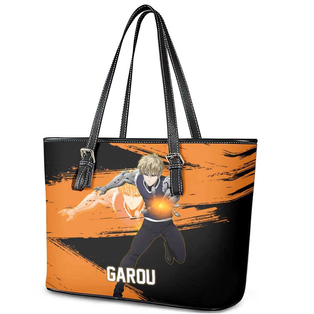 Genos One Punch Man Anime Orange and Black Theme Leather Tote Bag with Cyborg Arm Blast and Intense Action Pose - The Mazicc