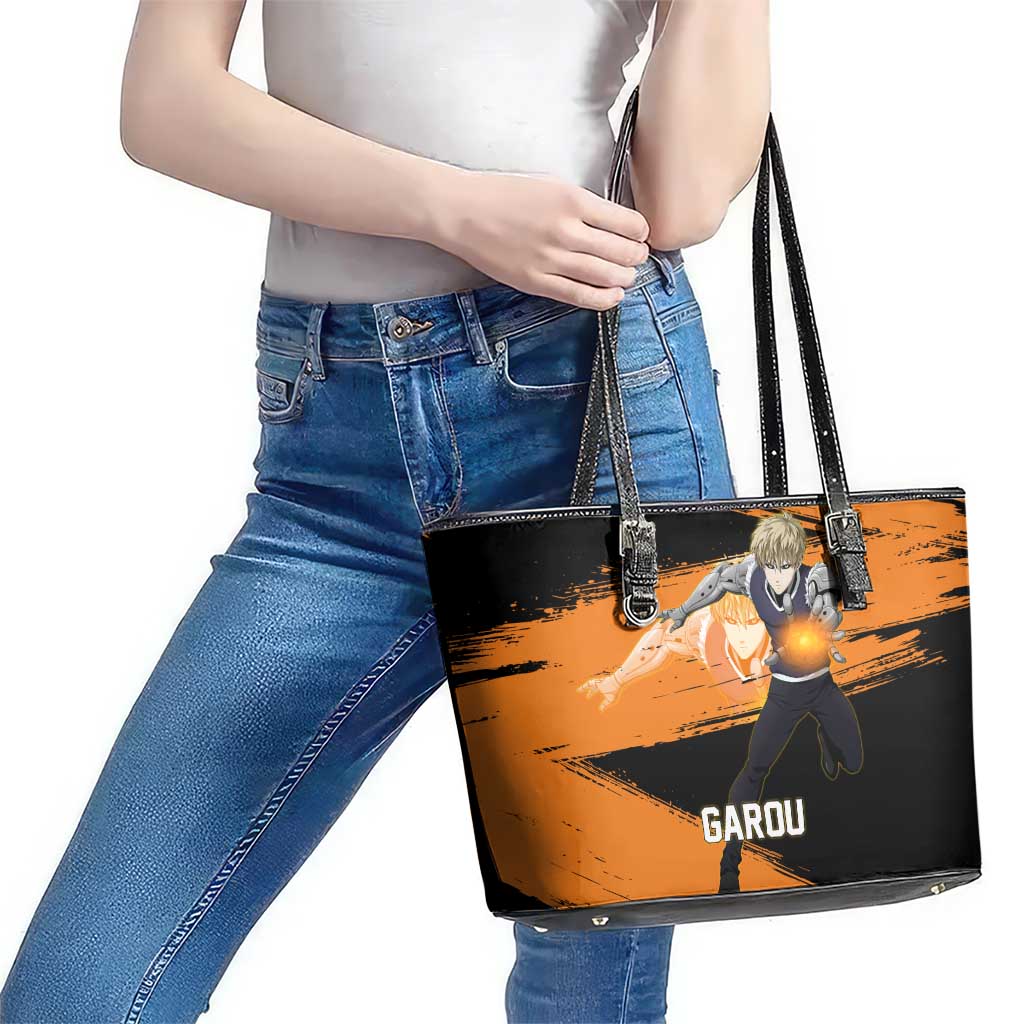 Genos One Punch Man Anime Orange and Black Theme Leather Tote Bag with Cyborg Arm Blast and Intense Action Pose - The Mazicc