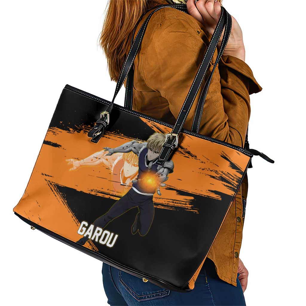Genos One Punch Man Anime Orange and Black Theme Leather Tote Bag with Cyborg Arm Blast and Intense Action Pose - The Mazicc