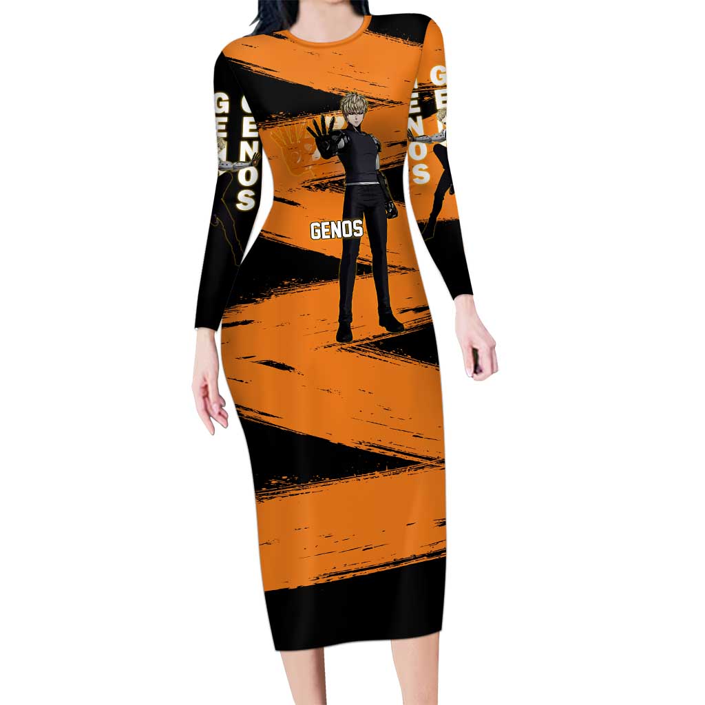 Genos One Punch Man Anime Orange and Black Theme Long Sleeve Bodycon Dress with Cyborg Arm Blast and Intense Action Pose - The Mazicc