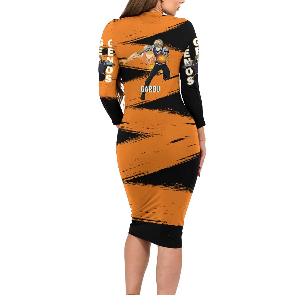 Genos One Punch Man Anime Orange and Black Theme Long Sleeve Bodycon Dress with Cyborg Arm Blast and Intense Action Pose - The Mazicc