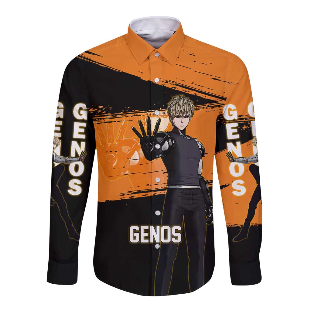 Genos One Punch Man Anime Orange and Black Theme Long Sleeve Button Shirt with Cyborg Arm Blast and Intense Action Pose - The Mazicc