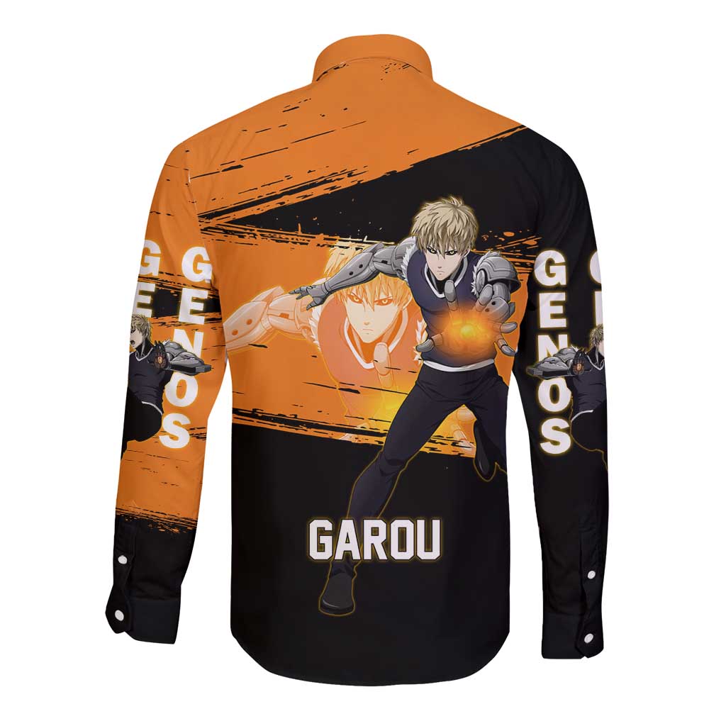 Genos One Punch Man Anime Orange and Black Theme Long Sleeve Button Shirt with Cyborg Arm Blast and Intense Action Pose - The Mazicc