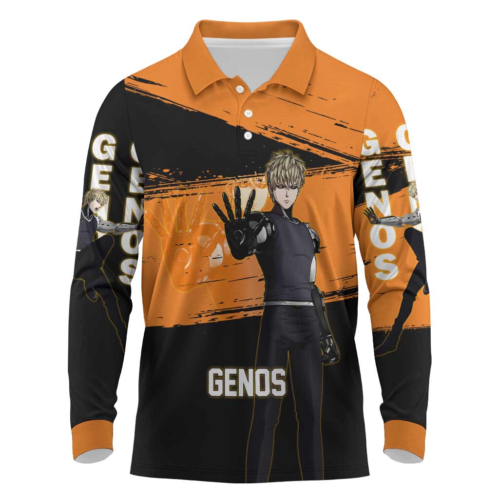 Genos One Punch Man Anime Orange and Black Theme Long Sleeve Polo Shirt with Cyborg Arm Blast and Intense Action Pose - The Mazicc