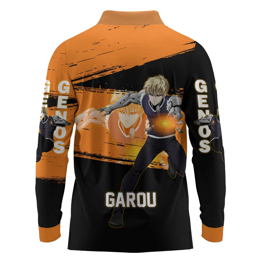 Genos One Punch Man Anime Orange and Black Theme Long Sleeve Polo Shirt with Cyborg Arm Blast and Intense Action Pose - The Mazicc