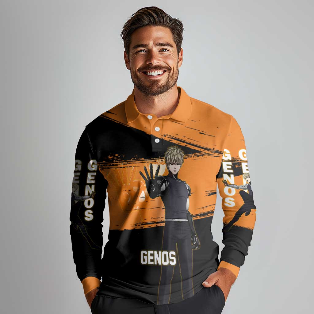 Genos One Punch Man Anime Orange and Black Theme Long Sleeve Polo Shirt with Cyborg Arm Blast and Intense Action Pose - The Mazicc