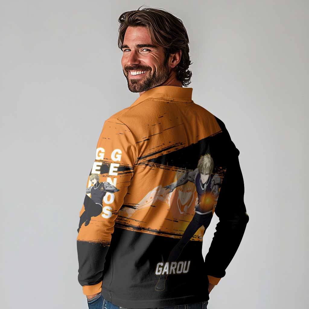 Genos One Punch Man Anime Orange and Black Theme Long Sleeve Polo Shirt with Cyborg Arm Blast and Intense Action Pose - The Mazicc