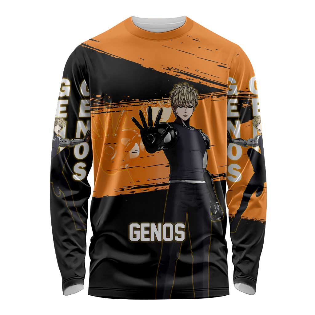 Genos One Punch Man Anime Orange and Black Theme Long Sleeve Shirt with Cyborg Arm Blast and Intense Action Pose - The Mazicc