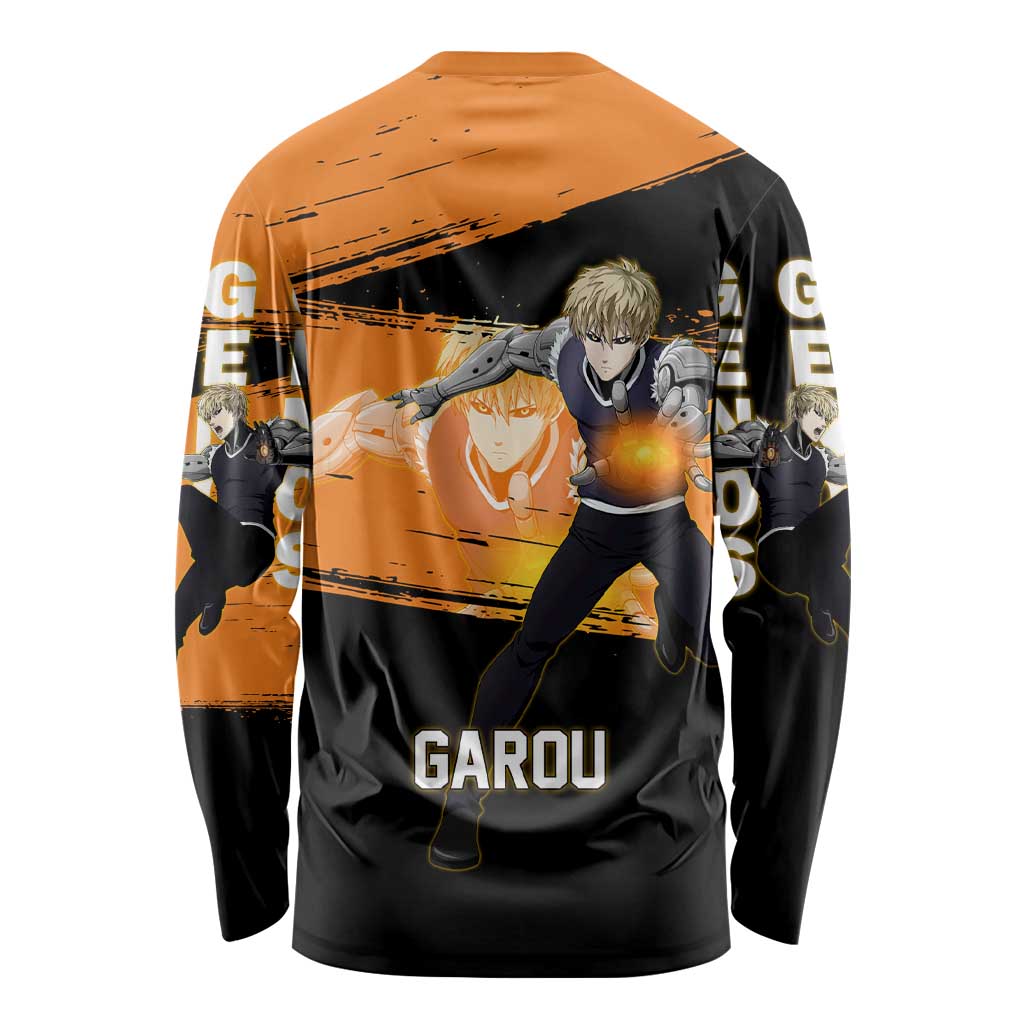 Genos One Punch Man Anime Orange and Black Theme Long Sleeve Shirt with Cyborg Arm Blast and Intense Action Pose - The Mazicc