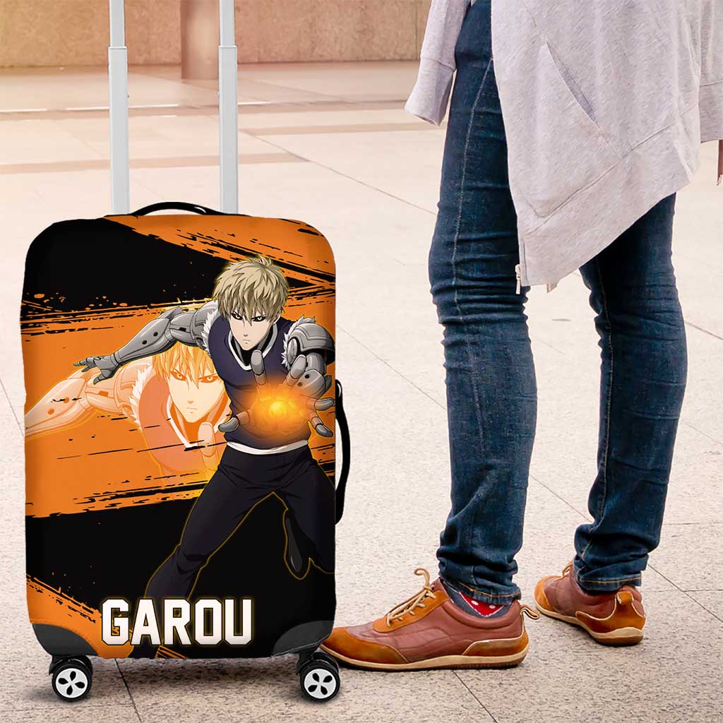 Genos One Punch Man Anime Orange and Black Theme Luggage Cover with Cyborg Arm Blast and Intense Action Pose - The Mazicc