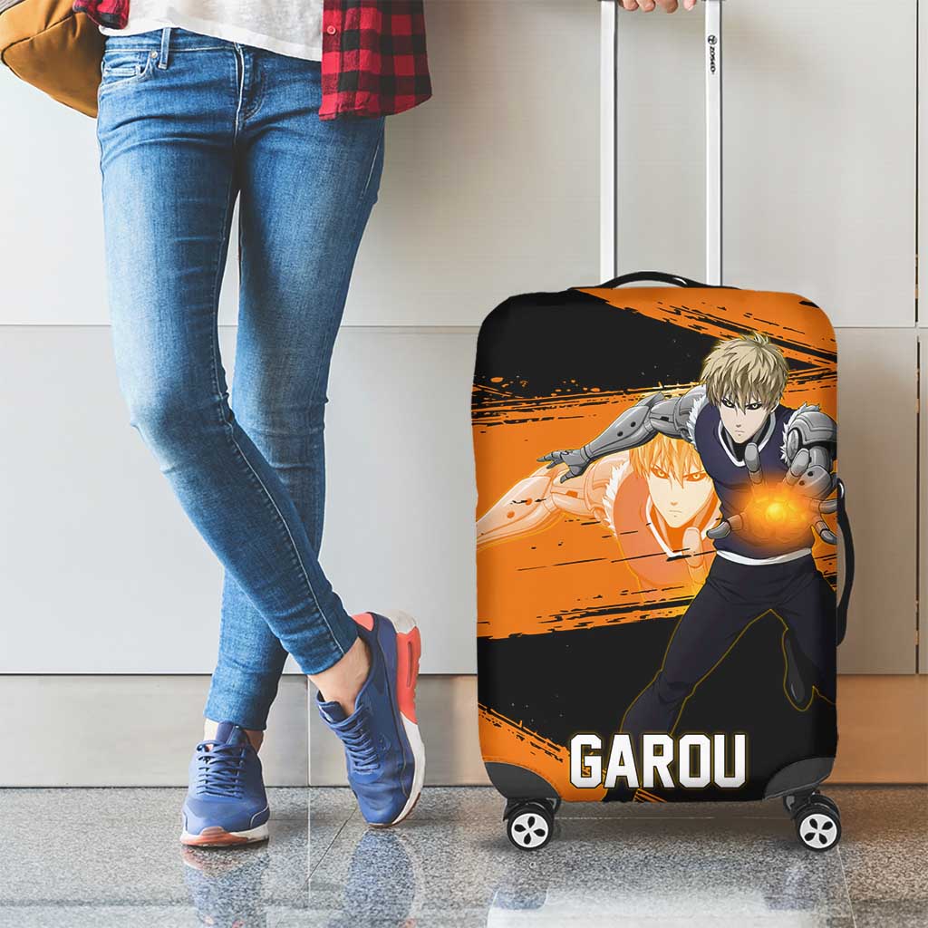 Genos One Punch Man Anime Orange and Black Theme Luggage Cover with Cyborg Arm Blast and Intense Action Pose - The Mazicc