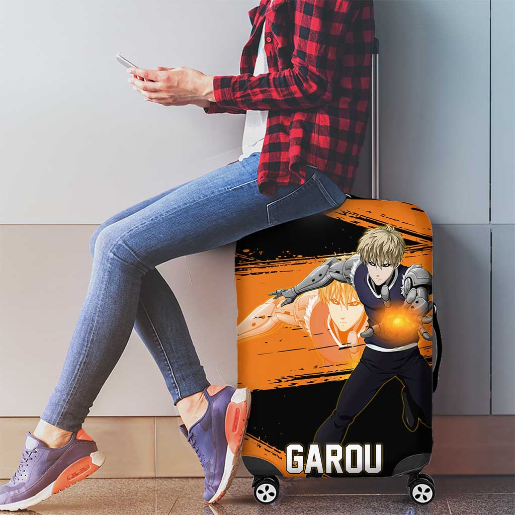 Genos One Punch Man Anime Orange and Black Theme Luggage Cover with Cyborg Arm Blast and Intense Action Pose - The Mazicc