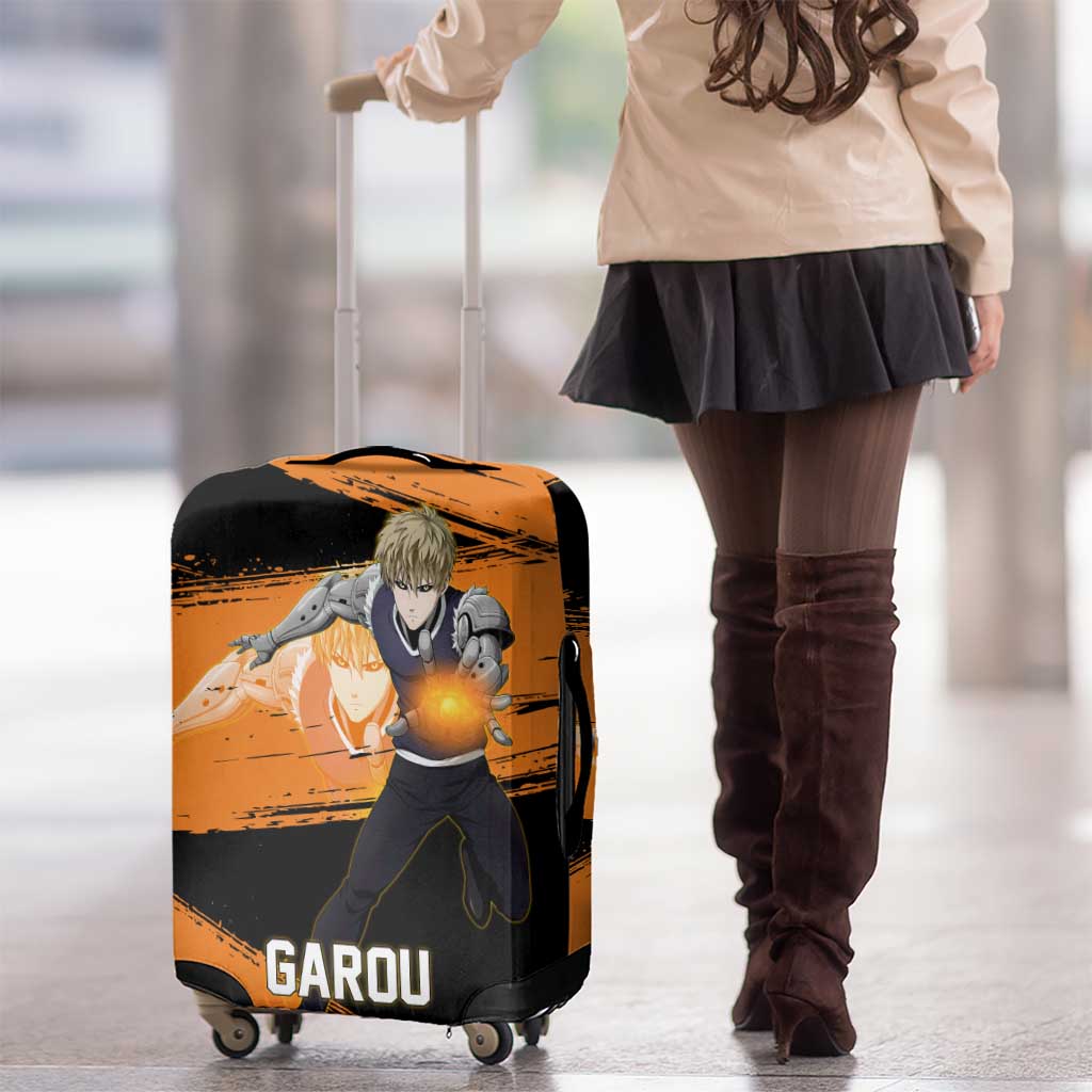 Genos One Punch Man Anime Orange and Black Theme Luggage Cover with Cyborg Arm Blast and Intense Action Pose - The Mazicc