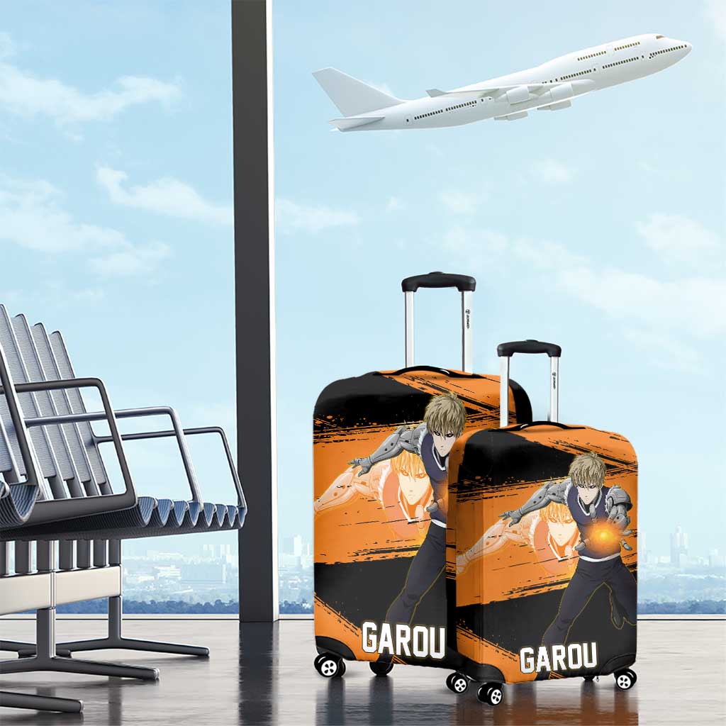 Genos One Punch Man Anime Orange and Black Theme Luggage Cover with Cyborg Arm Blast and Intense Action Pose - The Mazicc