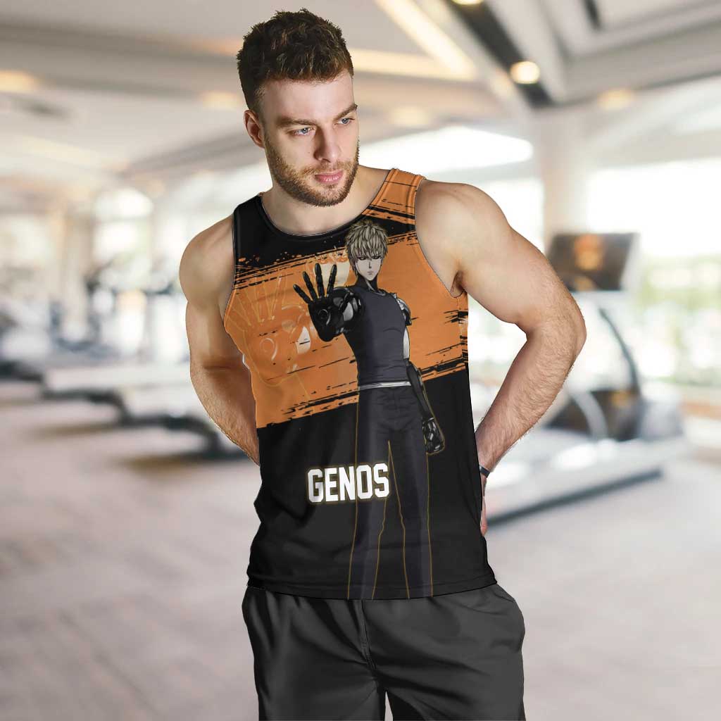 Genos One Punch Man Anime Orange and Black Theme Men Tank Top with Cyborg Arm Blast and Intense Action Pose - The Mazicc
