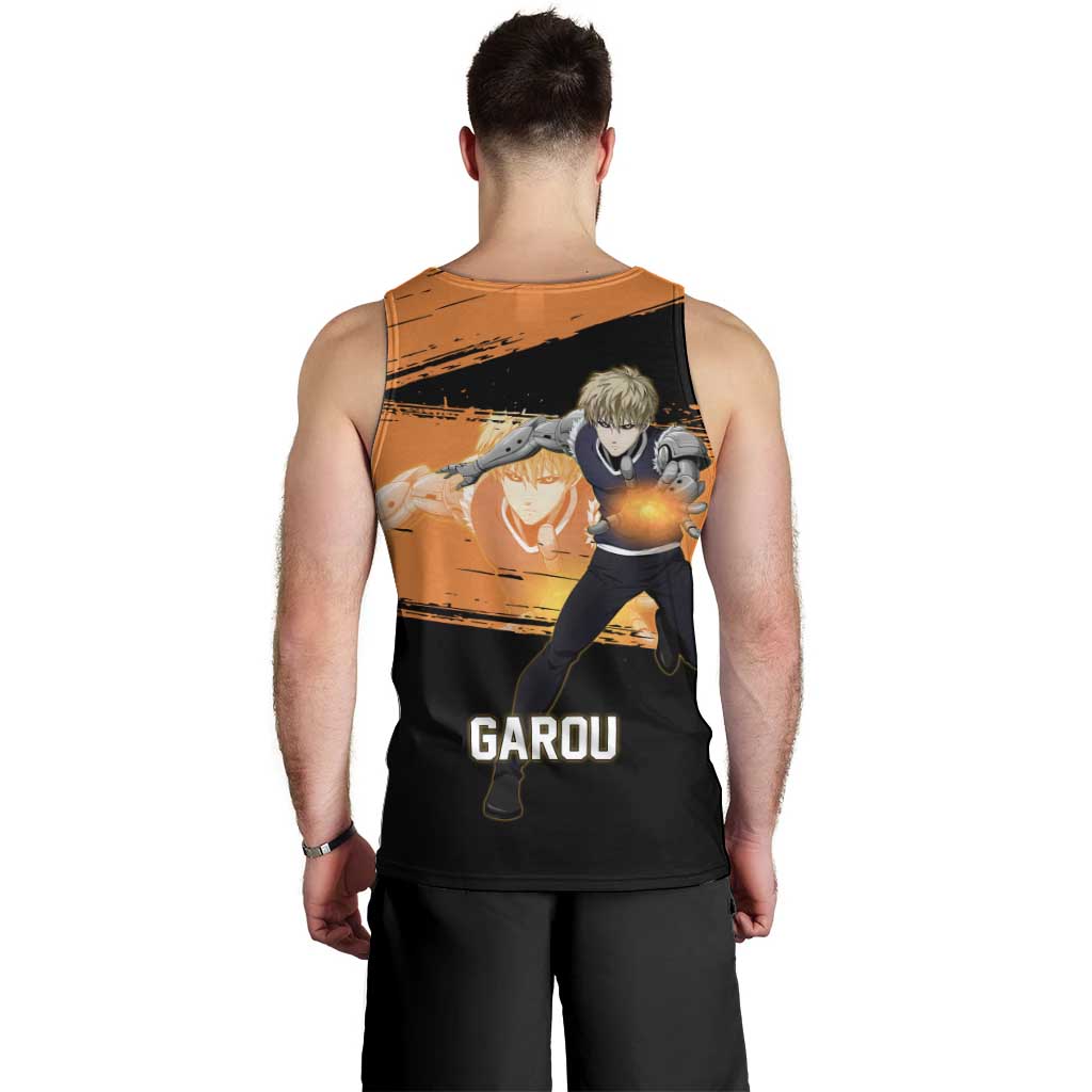 Genos One Punch Man Anime Orange and Black Theme Men Tank Top with Cyborg Arm Blast and Intense Action Pose - The Mazicc
