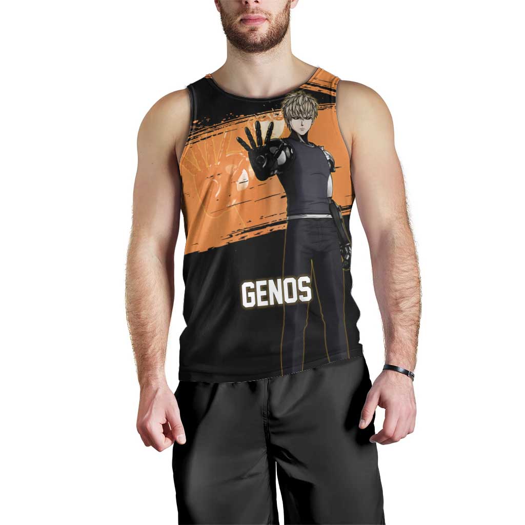Genos One Punch Man Anime Orange and Black Theme Men Tank Top with Cyborg Arm Blast and Intense Action Pose - The Mazicc