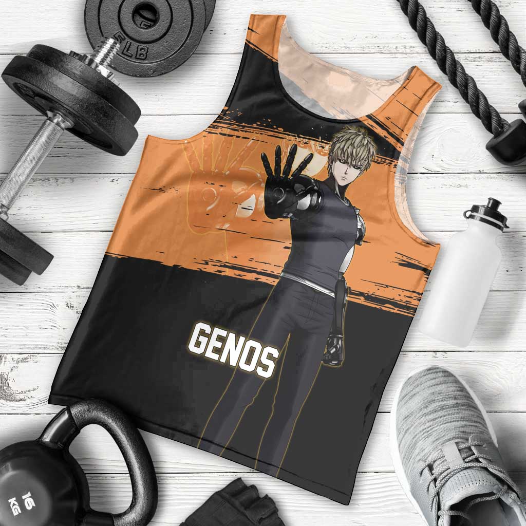 Genos One Punch Man Anime Orange and Black Theme Men Tank Top with Cyborg Arm Blast and Intense Action Pose - The Mazicc