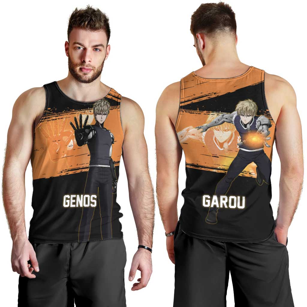 Genos One Punch Man Anime Orange and Black Theme Men Tank Top with Cyborg Arm Blast and Intense Action Pose - The Mazicc