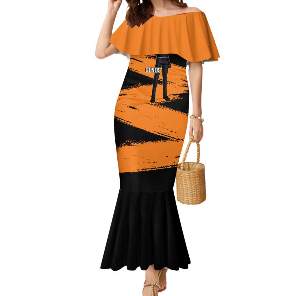 Genos One Punch Man Anime Orange and Black Theme Mermaid Dress with Cyborg Arm Blast and Intense Action Pose - The Mazicc